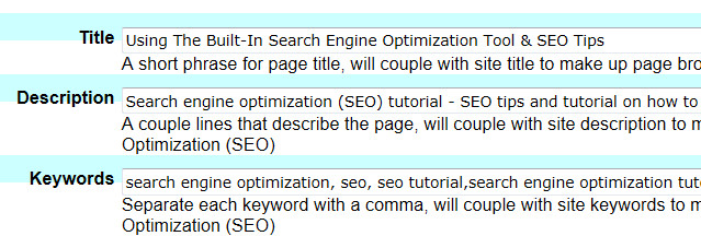 Page Search Engine Optimization Tool, Ultimate Web Builder software