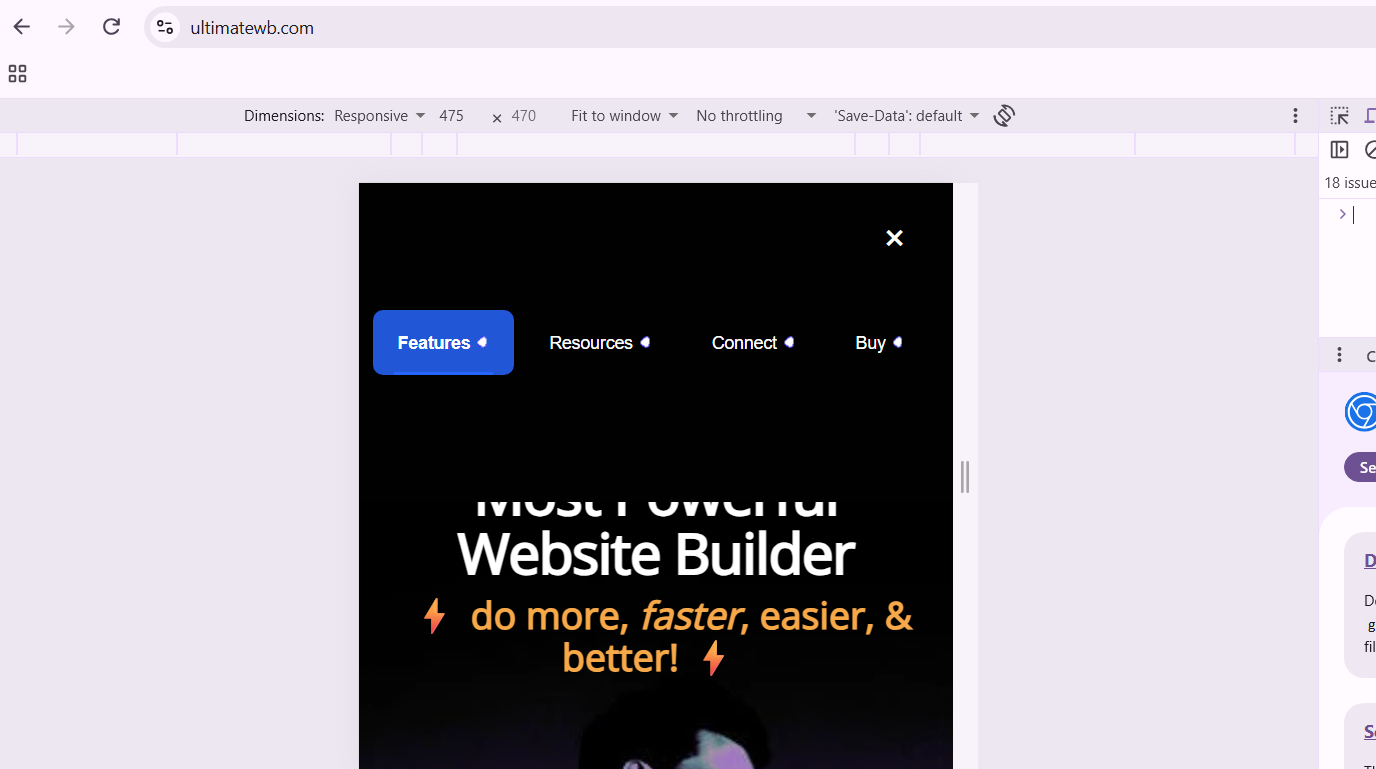Resizing web browser window to view UltimateWB website as it would display in a smaller device size, showing the menu popup overlay