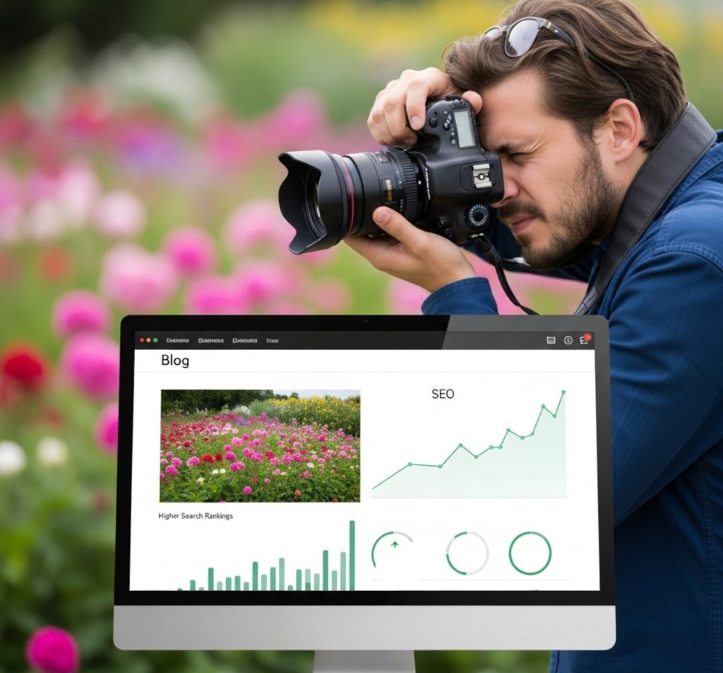 Photographer taking a photo for blog, boosting SEO, and leading to increased organic search engine traffic.