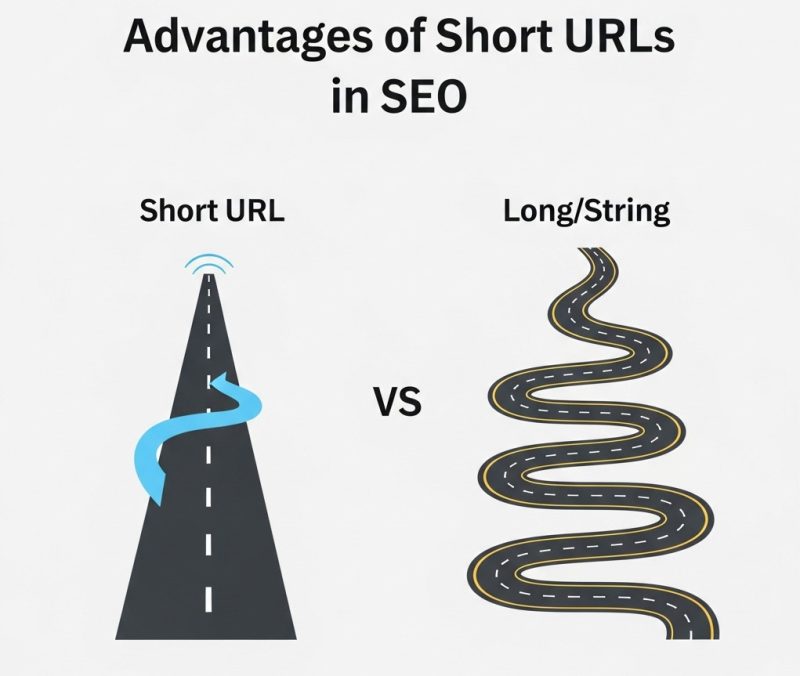 Visual metaphor showing a short, clear path for an easily readable URL, contrasted with a long, winding road for a complex URL, emphasizing the benefits of short URLs for SEO.