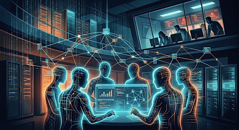 Holographic AI agents connecting and collaborating in a server room while human observers watch from a control room above.