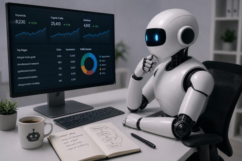 Illustration of AI doing SEO keyword research to write content