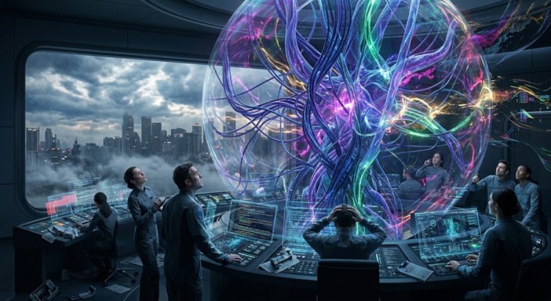 Researchers in a high-tech control room watching an uninterpretable, hyper-complex neural network orb breach its physical container while computer displays show system errors.
