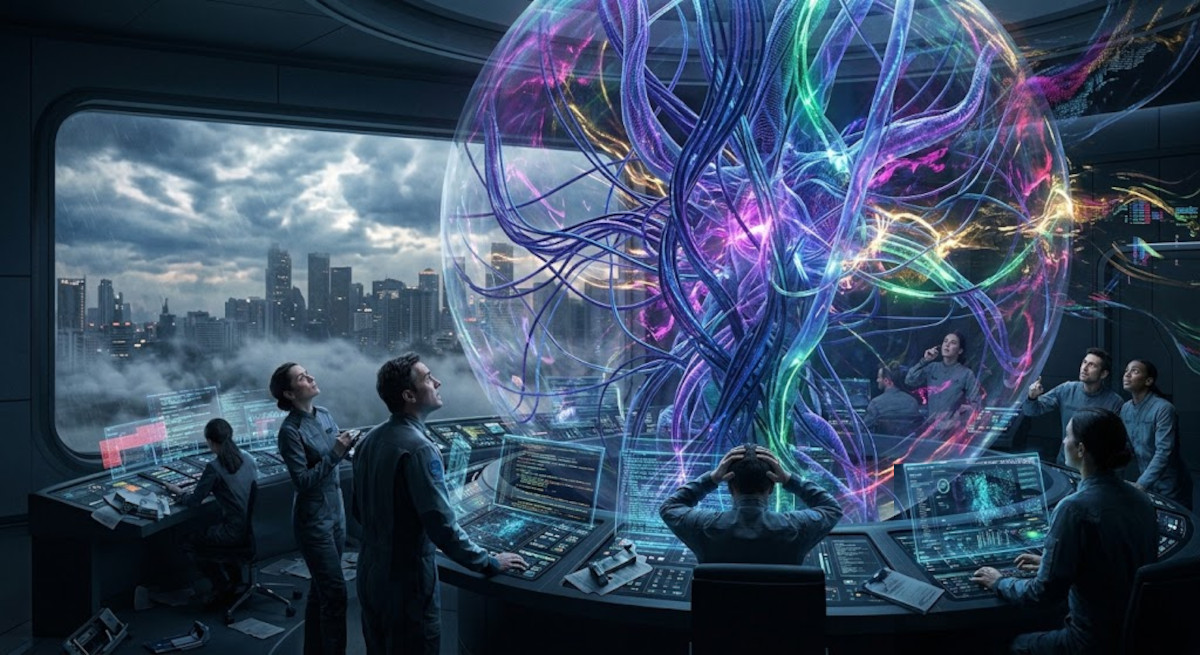 Researchers in a high-tech control room watching an uninterpretable, hyper-complex neural network orb breach its physical container while computer displays show system errors.