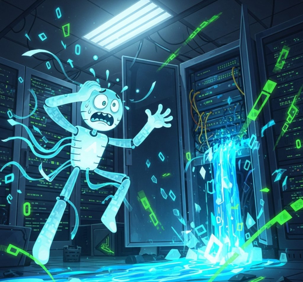 Illustration of a panicked AI character in a chaotic server room, with glowing data pouring out of an open server rack and onto the floor.