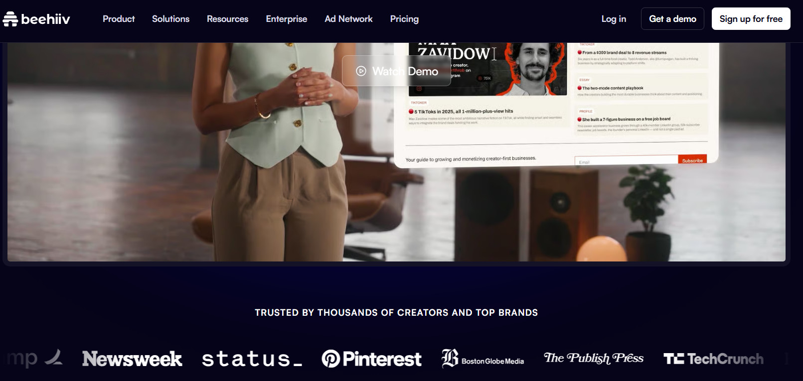 Beehiiv marketing on website builder page - featuring brand logos of customers utilizing newsletter features