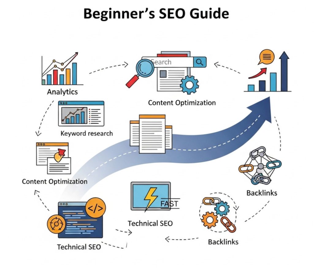 Steps depicted in beginner's SEO Guide: Analytics, keyword research, content optimization, technical SEO, fast website, backlinks...all leading to a boost in traffic