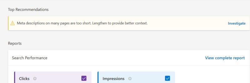 Bing Webmaster Tools warning, meta descriptions are too short