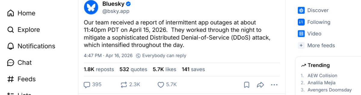 Bluesky offline, outage notice, DDoS attack