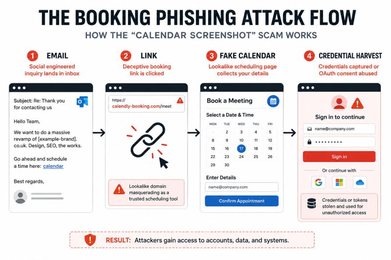 How the booking phishing attack happens, the calendar screenshot scam