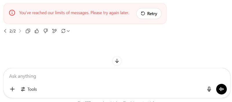 ChatGPT, message limit error