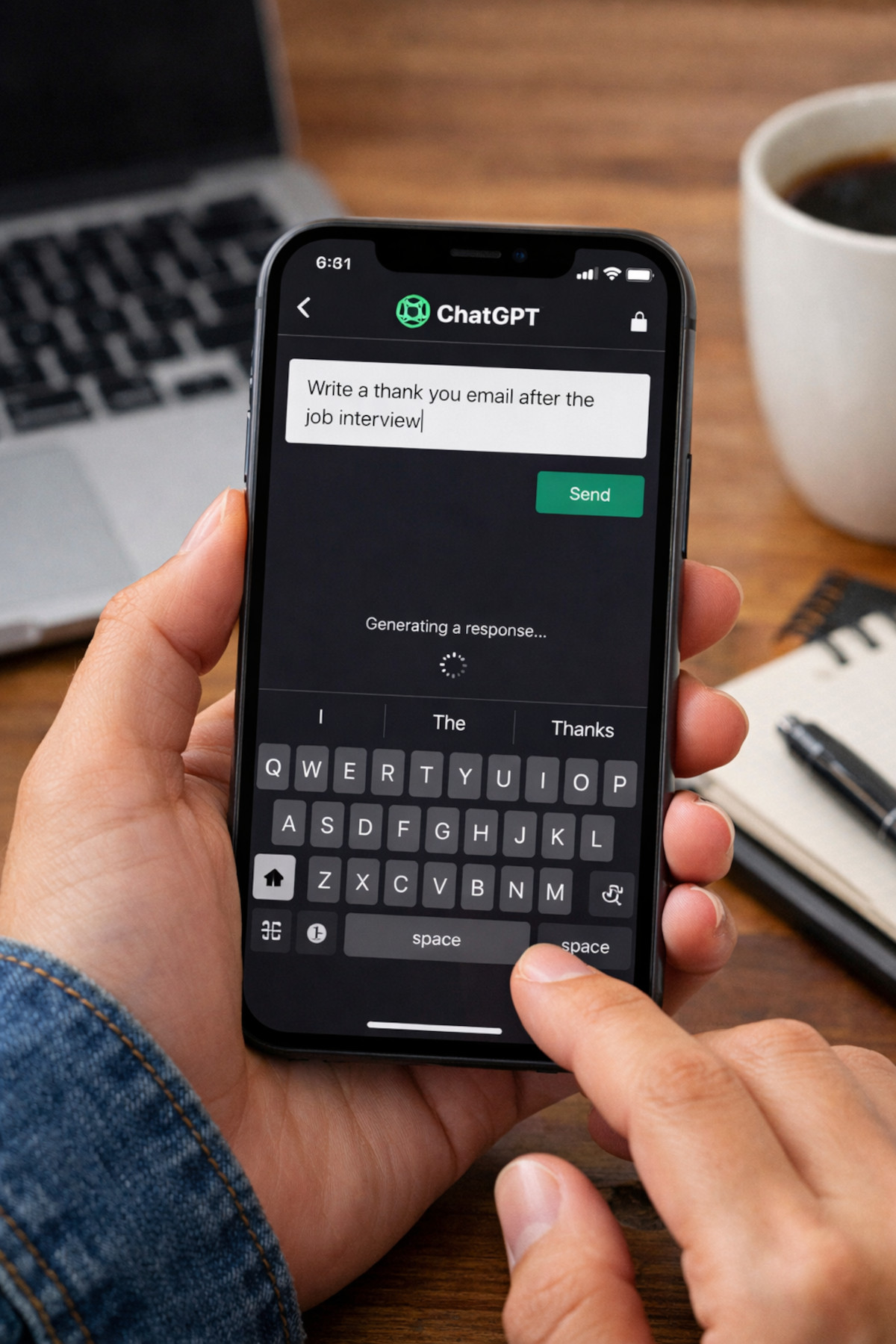 ChatGPT app on smartphone, AI prompt to write a thank you email after the job interview