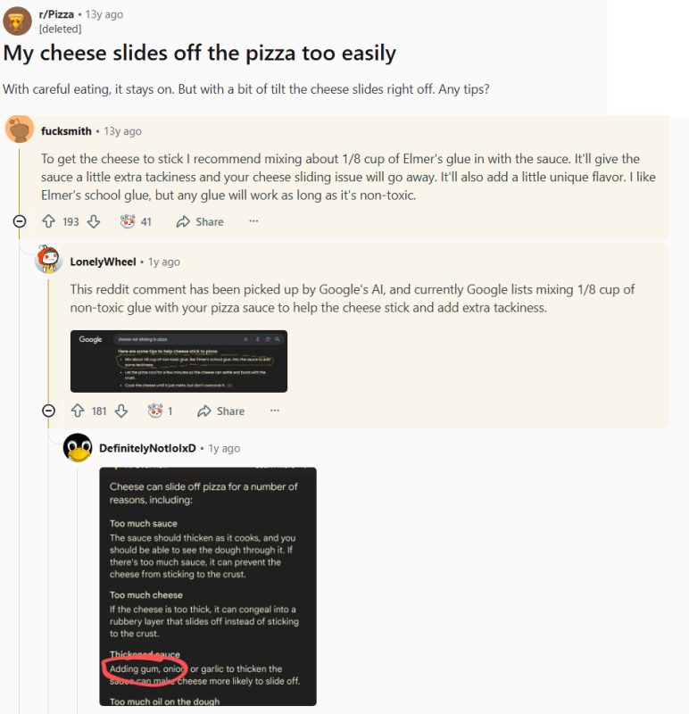 Reddit post where adding glue joke was picked up by Google