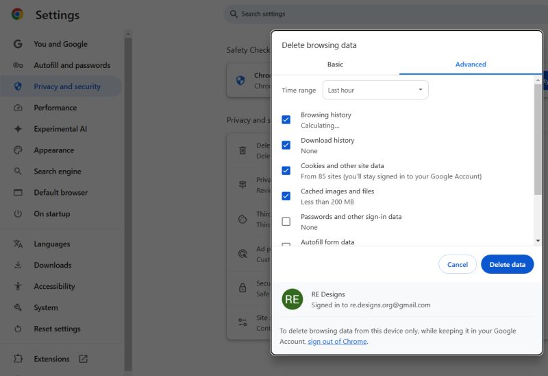 Chrome Advanced Settings, clear browser cache, content and cookies
