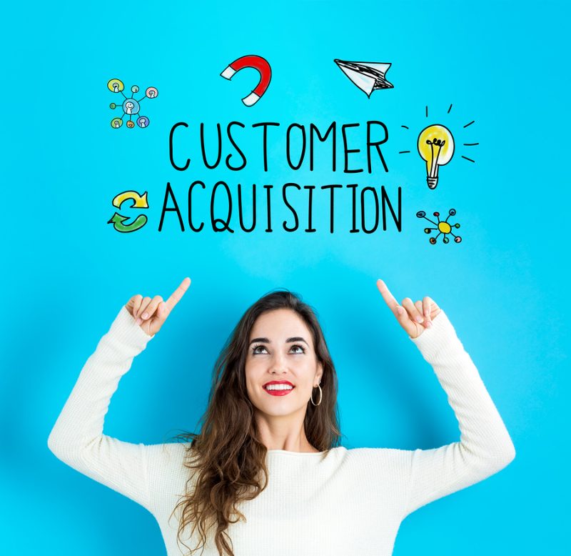 Customer Acquisition With Young Woman Reaching And Looking Upwar