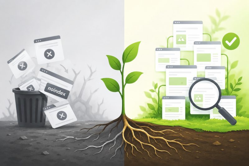 Putting webpages in the trash can or adding noindex to them is stunting vs building a flourishing website that has quality, like a growing plant with healthy roots