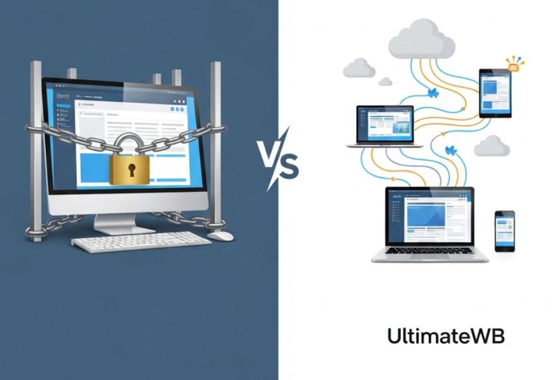 Desktop website builders vs UltimateWB, which allows you to manage your website from any device and across multiple devices, by multiple people.