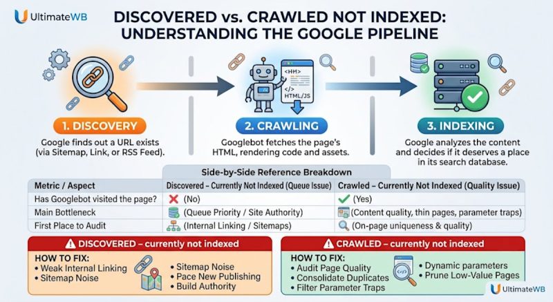 Infographic detailed the differences between the Discovered vs Crawled page status on Google Search Console and how to fix the issue to get indexed