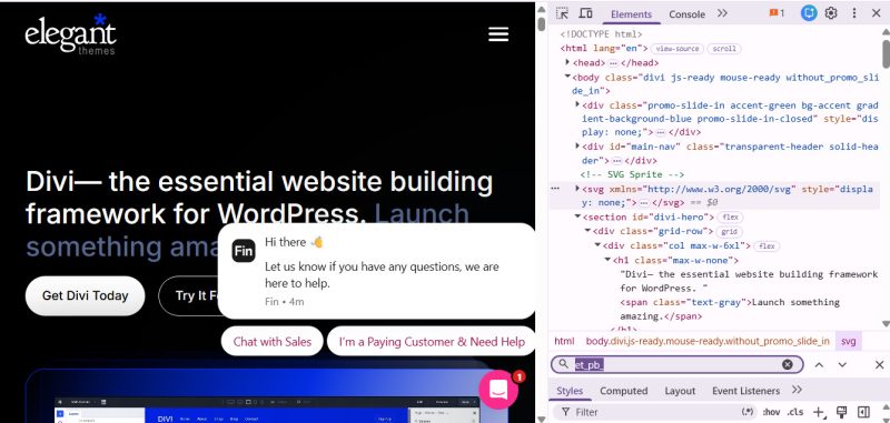 Screenshot of the Divi, Elegant Themes, website, with the source code opened in the right side frame, showing that the website is not built on Divi