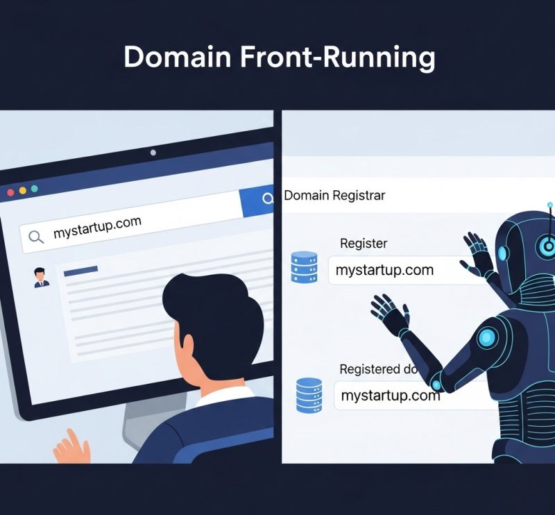 Illustration of a domain search being intercepted and registered by another party.