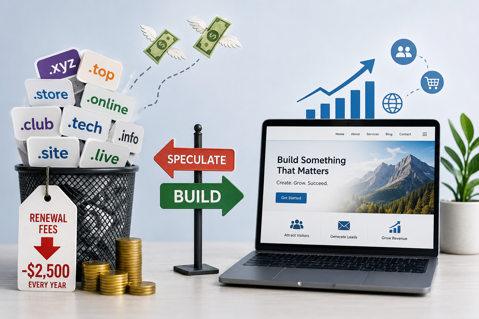 Domain speculation and annual domain renewal costs vs building your website and real value