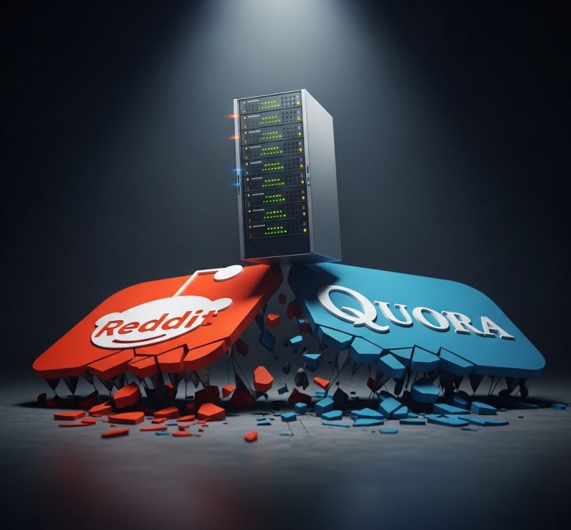 Website server precariously balanced on crumbling Reddit and Quora platforms, illustrating the risk of relying solely on them for traffic.