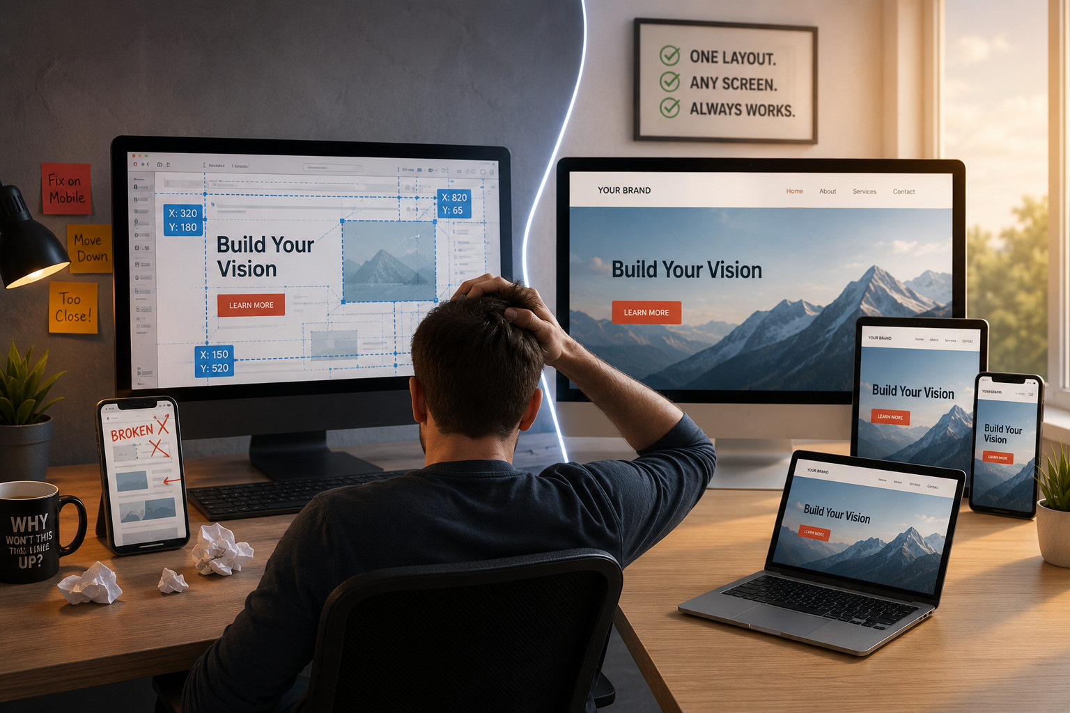 Drag-and-drop website builders absolute positioning issues vs fluid design that is easily responsive.