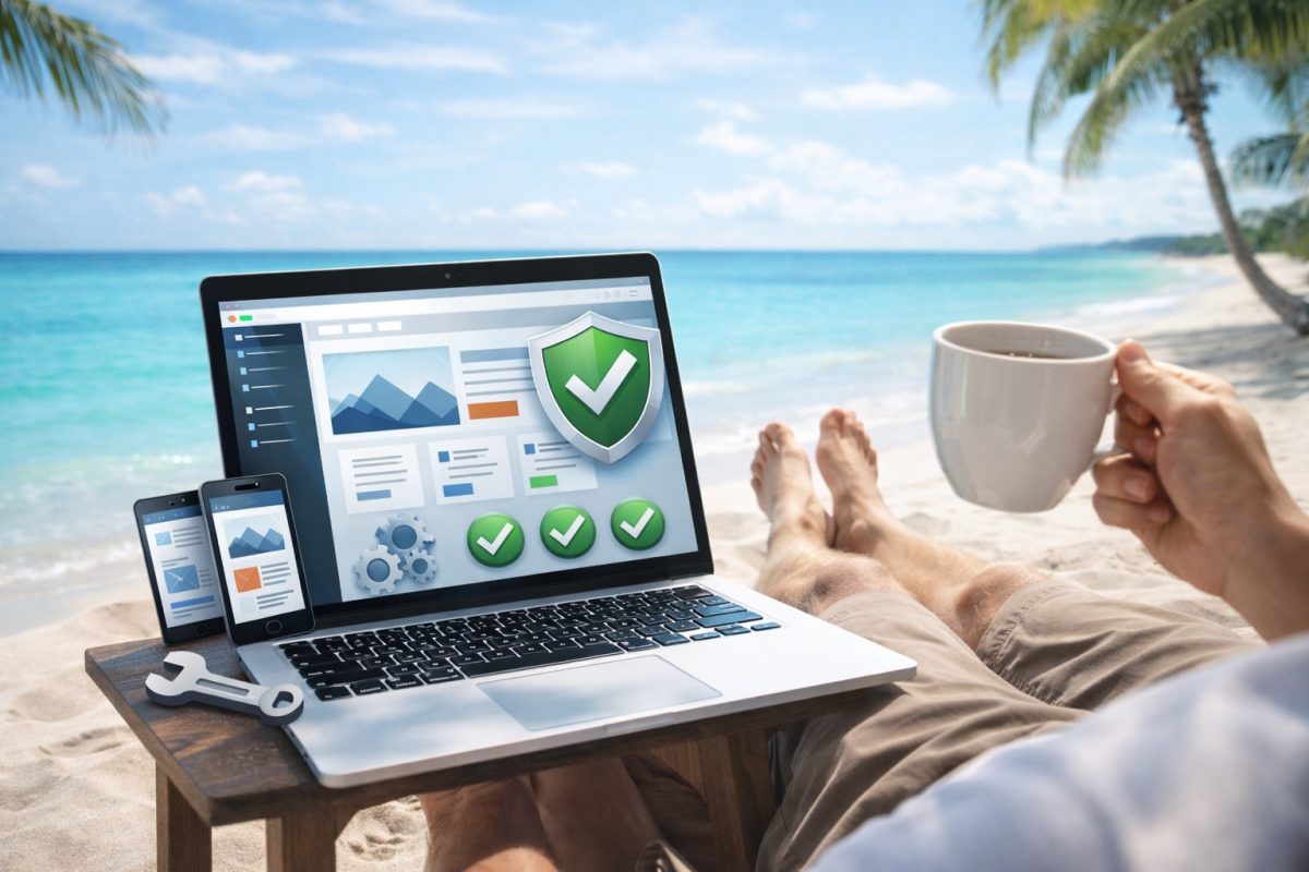Easy website builder with low maintenance requirements, allows relaxation on the beach