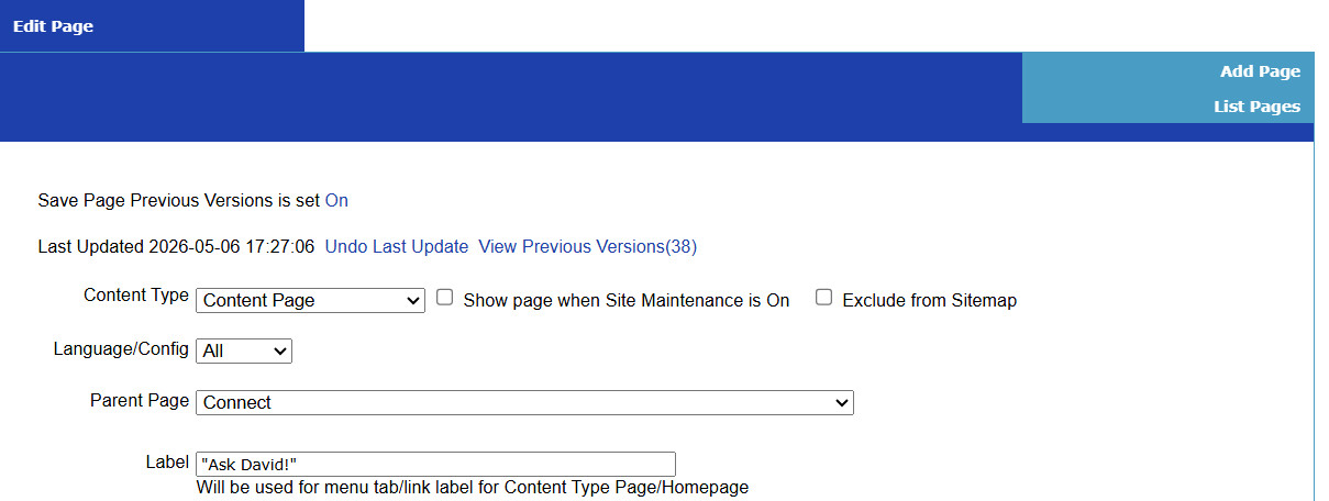 The UltimateWB Edit Page, showing save page previous version is set to on