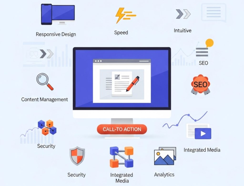 Essential website design features in 2025: SEO, CMS, call-to-action, multimedia, security, analytics, intuitive navigation, speed