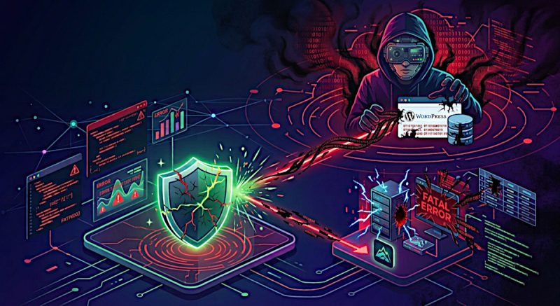 Illustration showing a cyber attack bypassing a security shield to compromise a website.