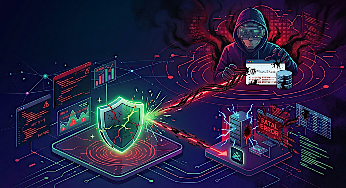 Illustration showing a cyber attack bypassing a security shield to compromise a website.
