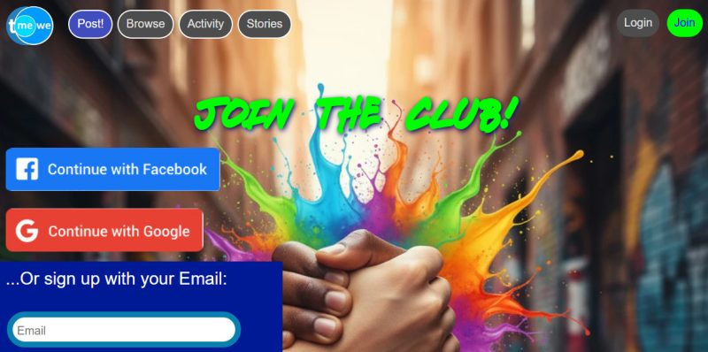 Facebook and Google login buttons on social networking website Me We Too, using UltimateWB website builder