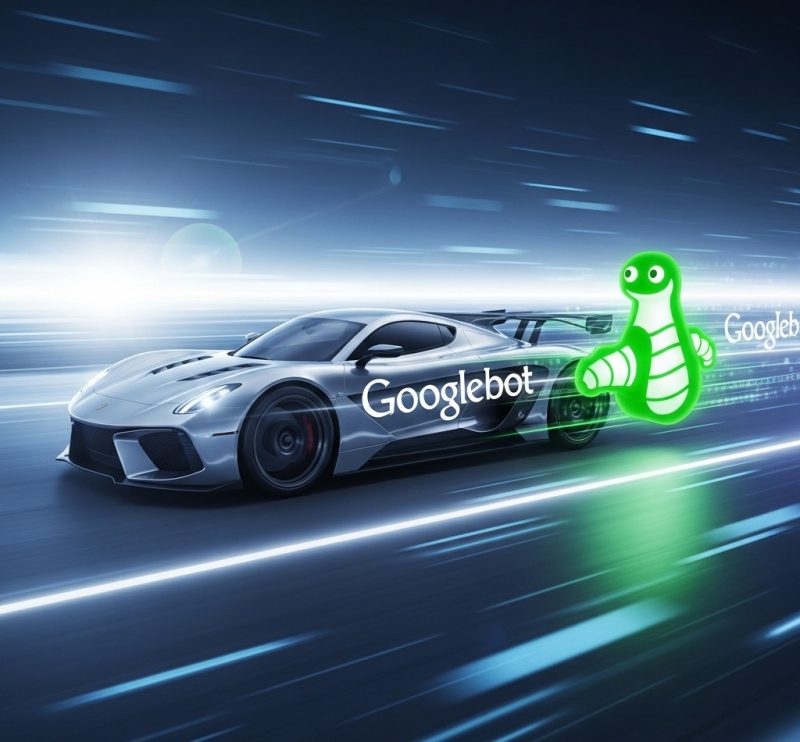 A race car representing a fast website speeds along a track, with multiple Googlebot icons appearing frequently, illustrating increased crawl frequency due to faster site speed.