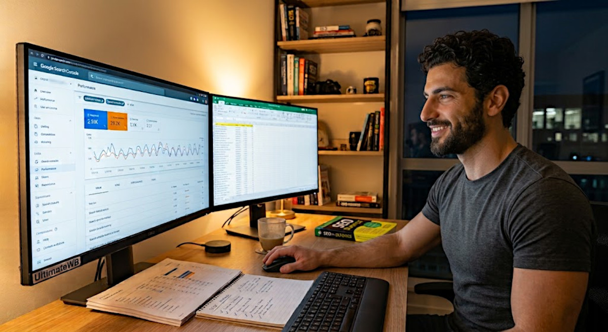 Web developer analyzing page traffic and keyword performance data in Google Search Console