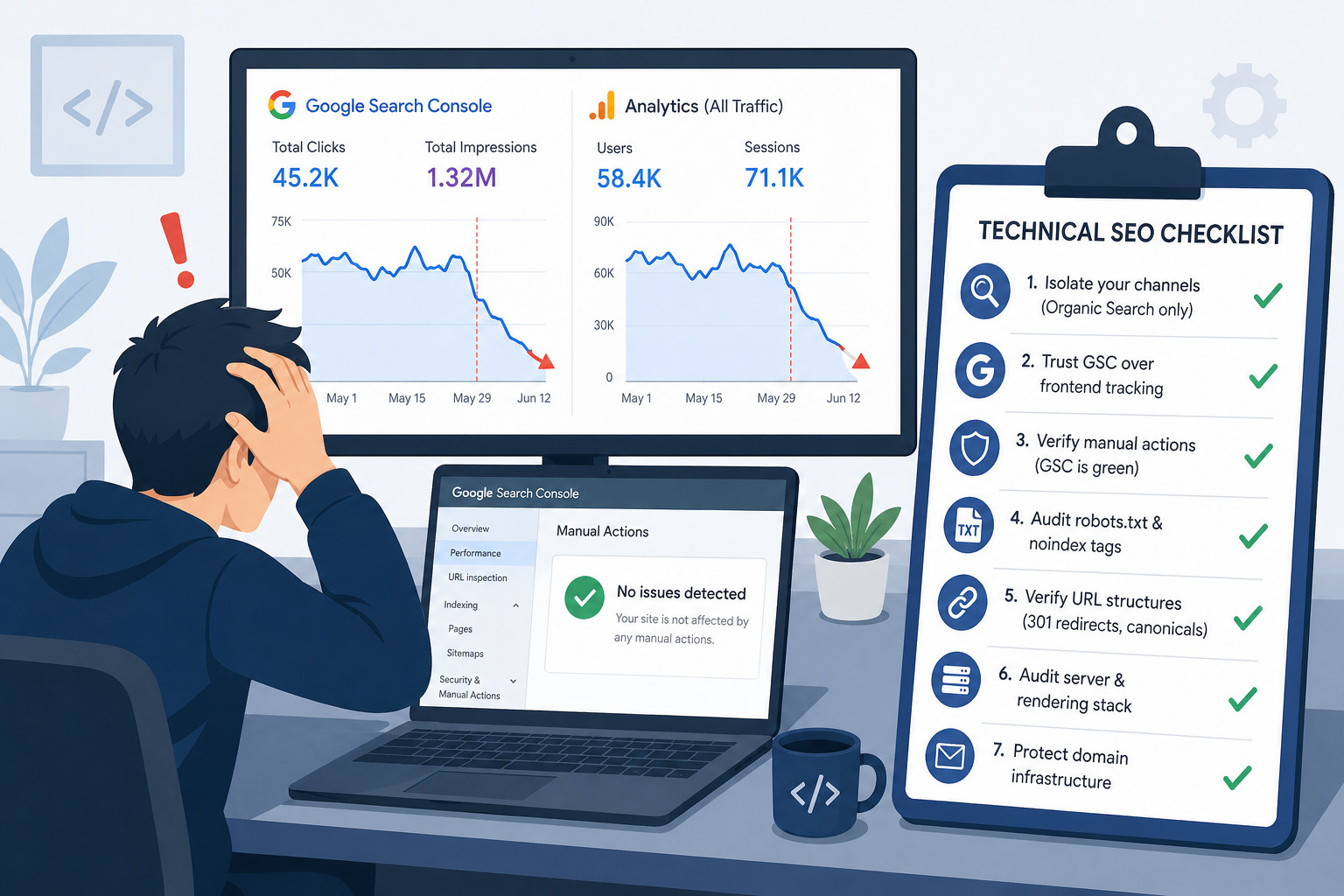 Figuring out cause of sudden website traffic drop, analyzing Google Search Console, Analytics, and the technial SEO checklist