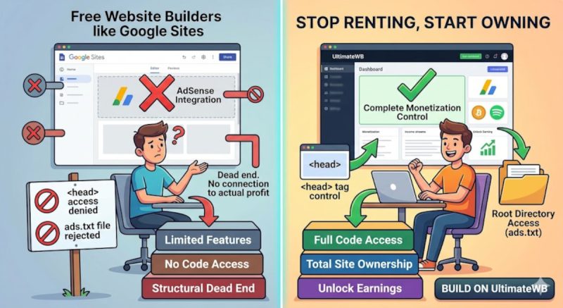 Free website builders vs UltimateWB - limited features and access vs full access and monetization options