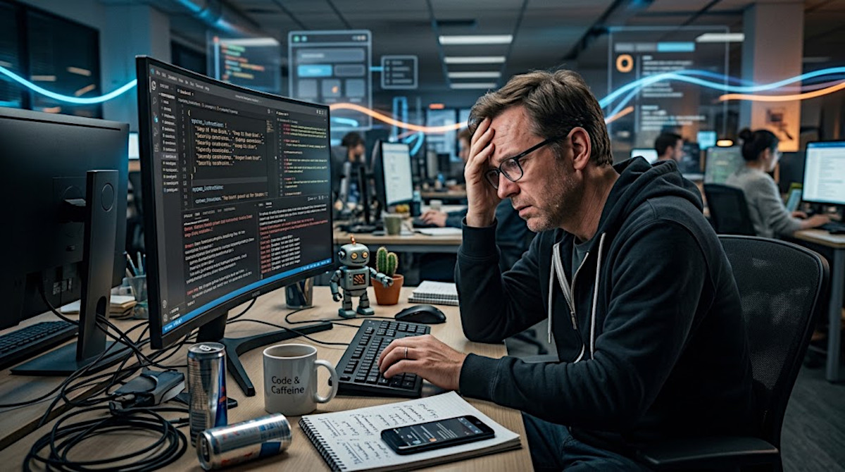 A web developer sitting at a desk looking stressed while inspecting ai generated code on a monitor