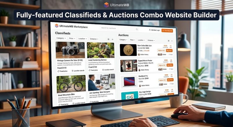Fully featured classifieds and auctions combo website builder