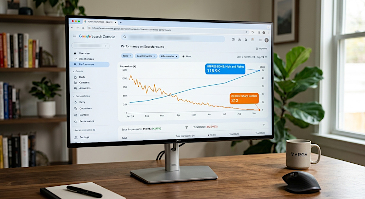Google Search Console performance report showing high impressions and declining clicks