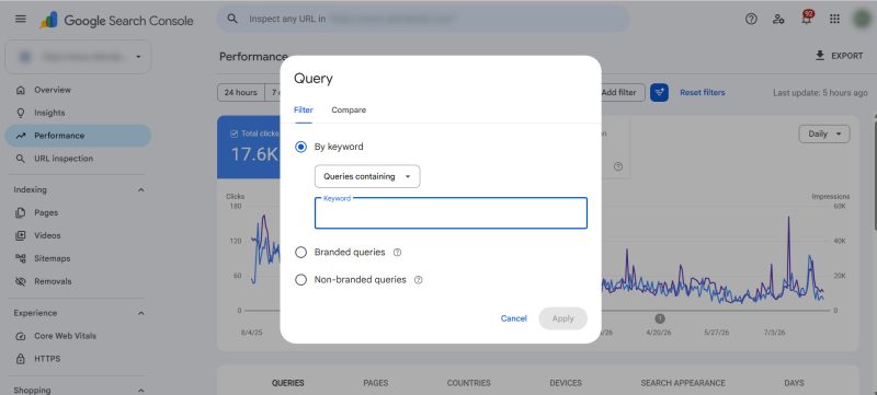 Google Search Console, performance rankings, filter by queries to find competing URLs