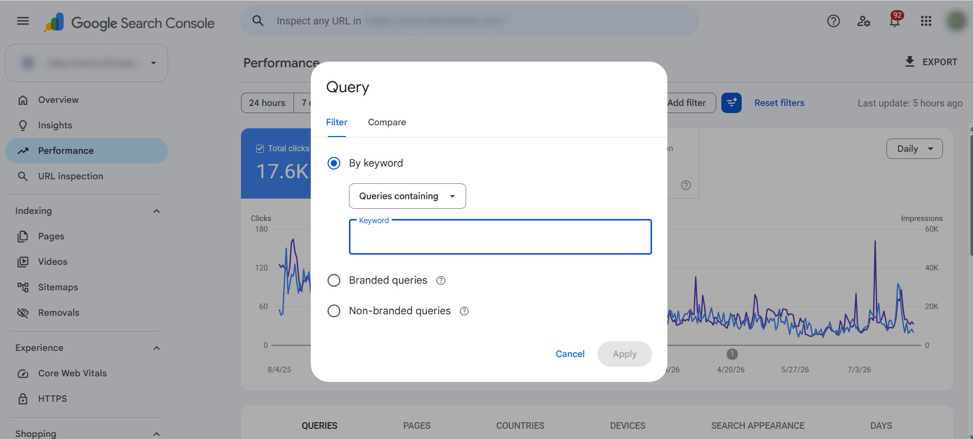 Google Search Console, performance rankings, filter by queries to find competing URLs