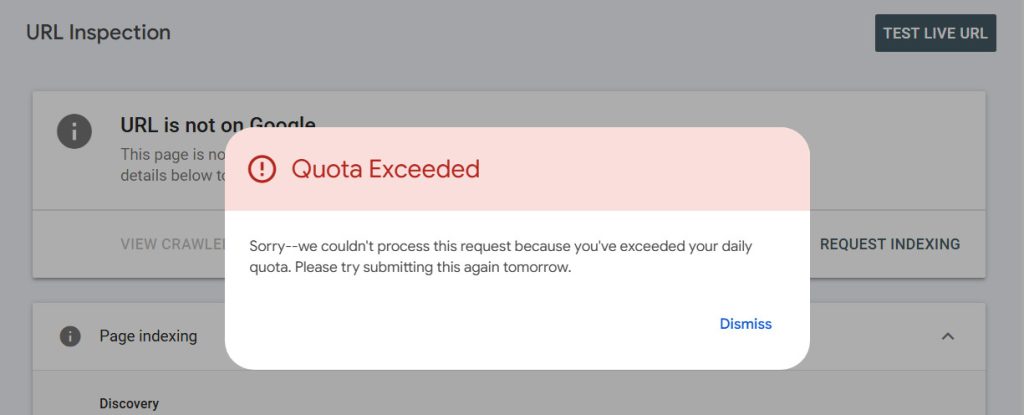 Google Search Console, Quota Exceeded error message popup