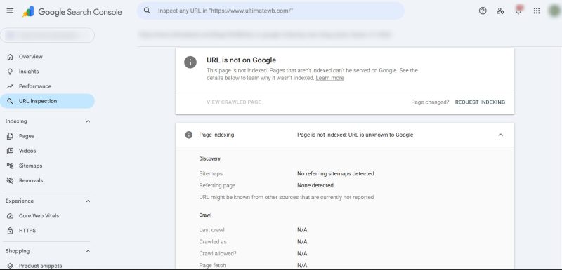 Google Search Console, URL Inspection tool, page is unknown, not crawled yet, and not discovered yet.