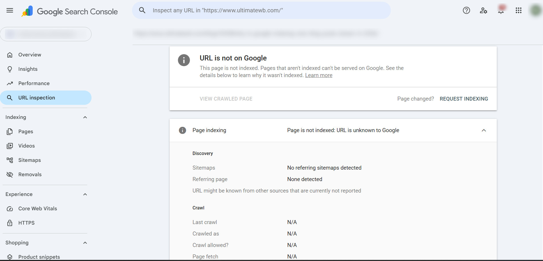 Google Search Console, URL Inspection tool, page is unknown, not crawled yet, and not discovered yet.