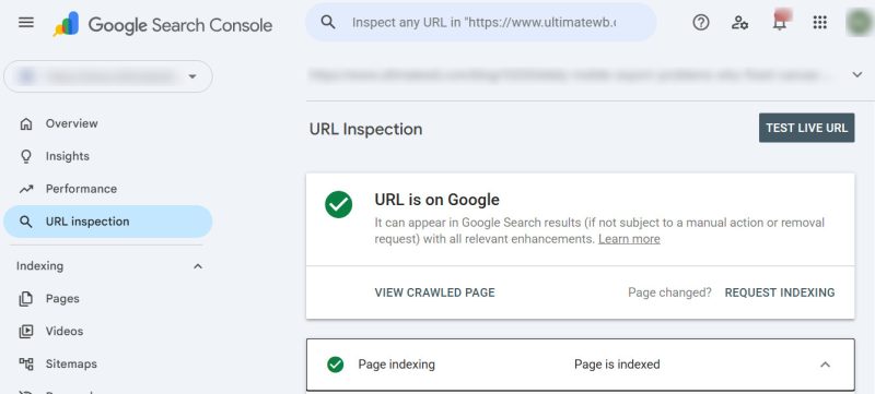 Google Search Console, URL Inspection tool, Page crawled and indexed successfully