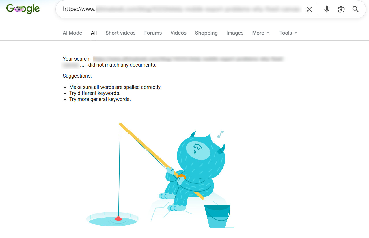 Google page (a fishing scene) when search does not match any documents