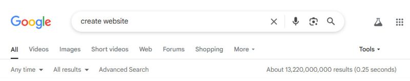 Google Search, Tools link clicked, shows results count