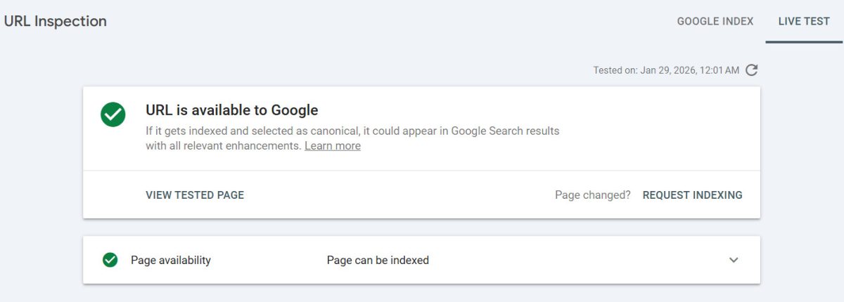 Google Search Console, Test Live URL, for page indexing