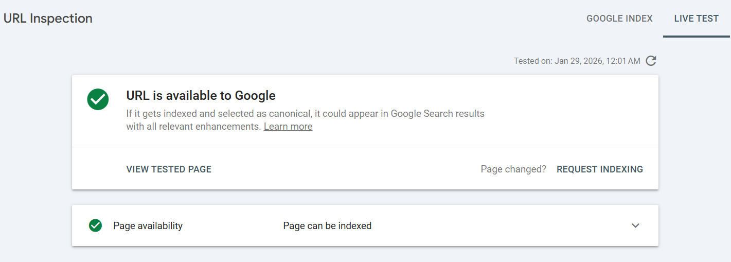 Google Search Console, Test Live URL, for page indexing